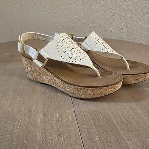 Tory Burch White Cork Wedge Sandals